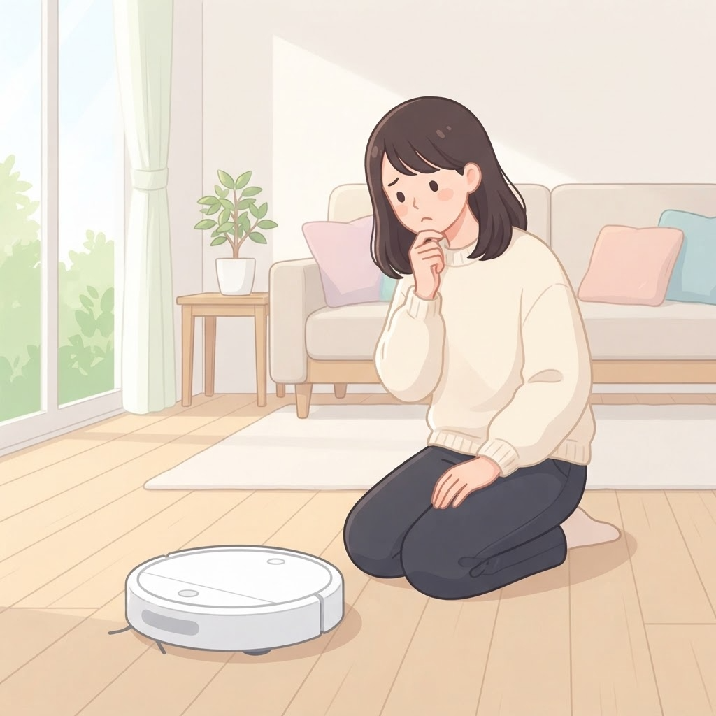ロボット掃除機を見て購入を悩む女性