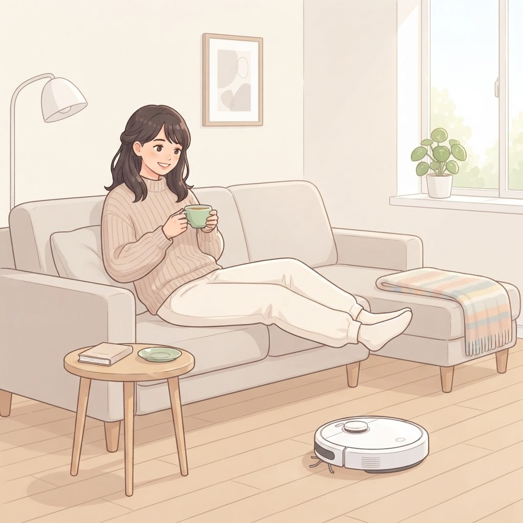 ソファでくつろぎながらロボット掃除機を見守る女性