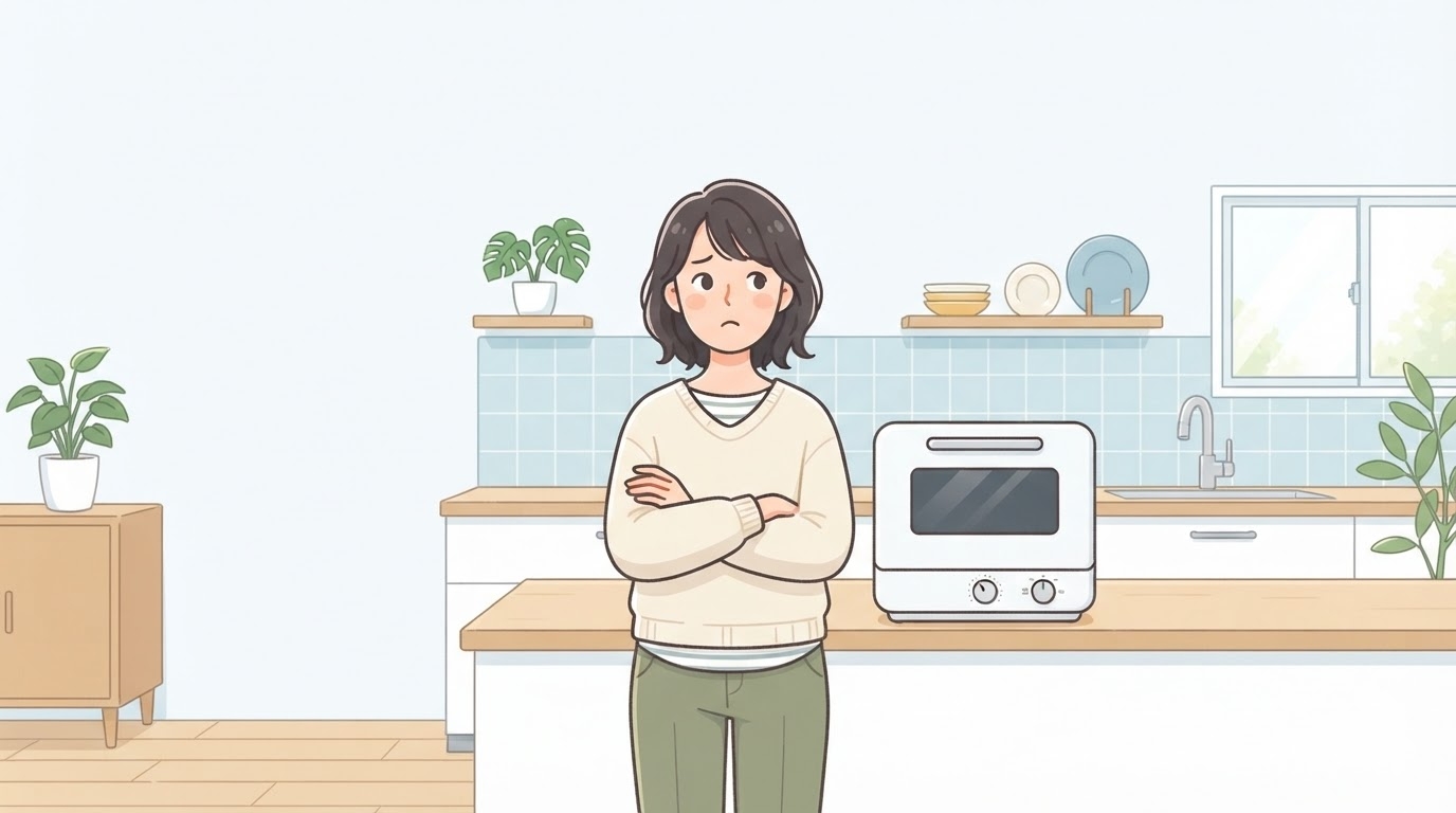 キッチンの食洗機と購入を悩む女性