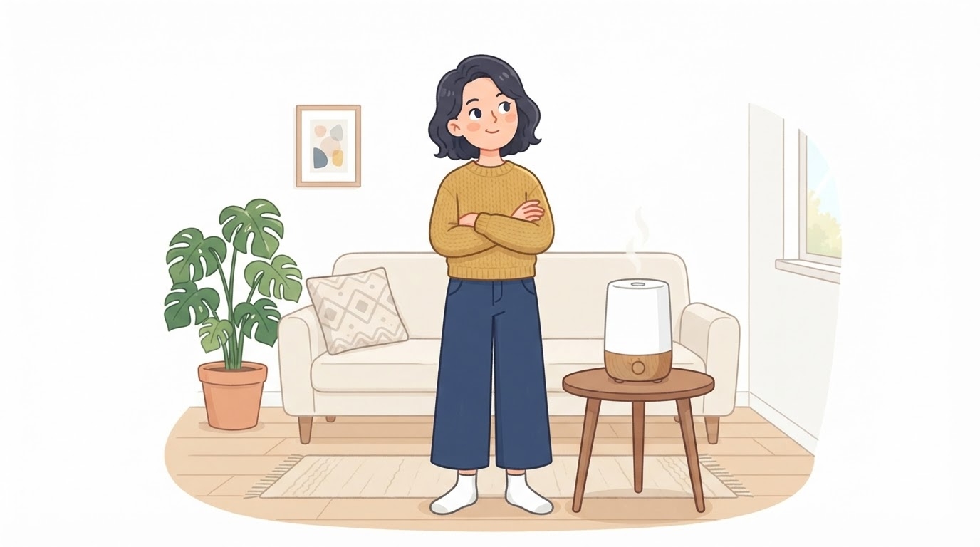 リビングの加湿器と購入を悩む女性