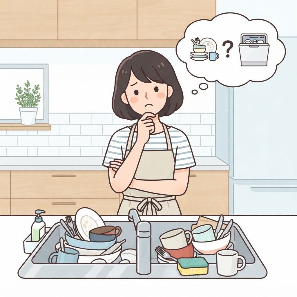 溜まった食器を前に食洗機を悩む女性