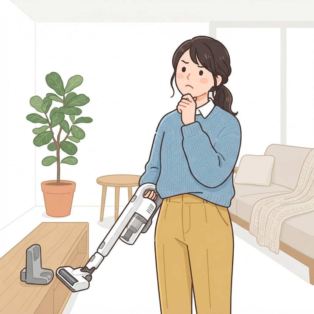 コードレス掃除機の購入を悩む女性
