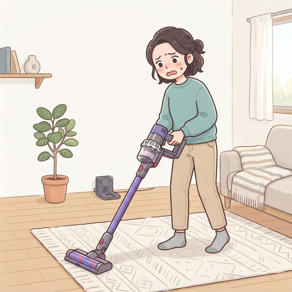 掃除中にバッテリー切れで困る女性