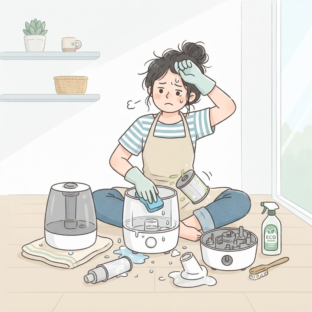 加湿器の手入れが大変そうな女性