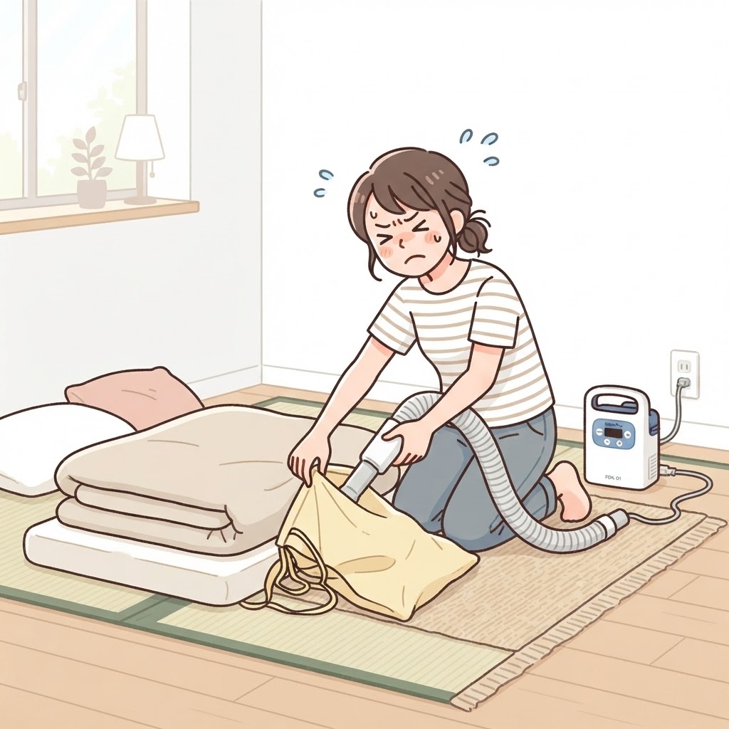 布団乾燥機のセットが手間そうな女性