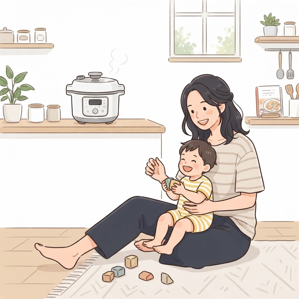 ほったらかし調理中に子どもと過ごす女性
