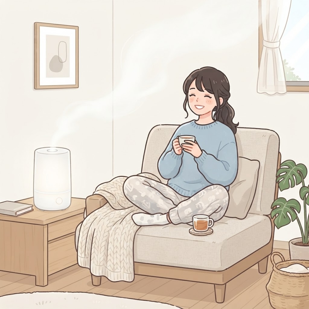 加湿された快適な部屋でくつろぐ女性