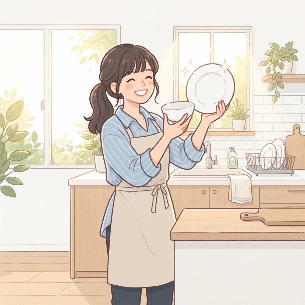 ピカピカの食器を手に笑顔の女性