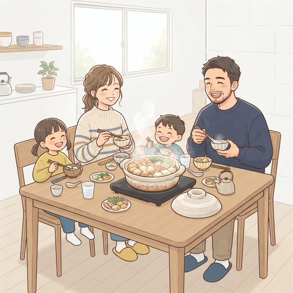 完成した煮込み料理を家族で囲む食卓