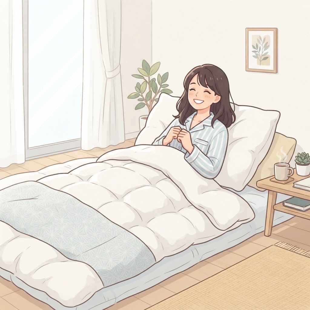 ふかふかの布団でくつろぐ笑顔の女性