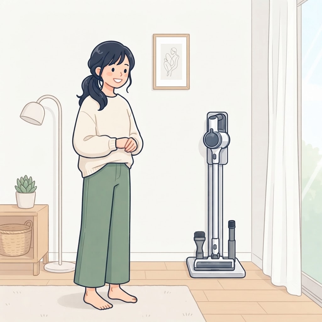 すっきり収納されたコードレス掃除機と笑顔の女性