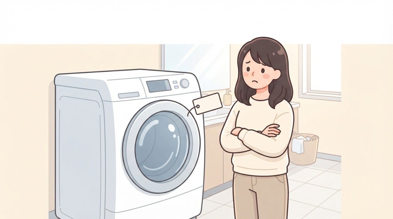 ドラム式洗濯機と価格に悩む女性
