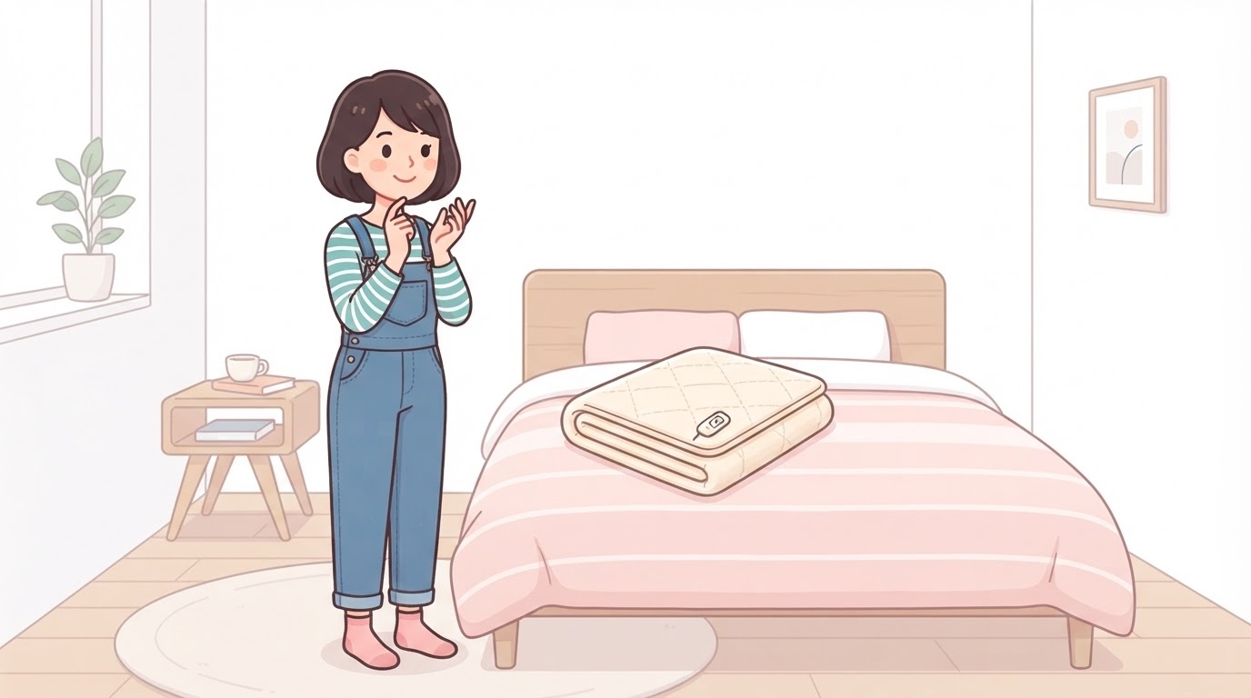 電気毛布の前で購入を悩む女性