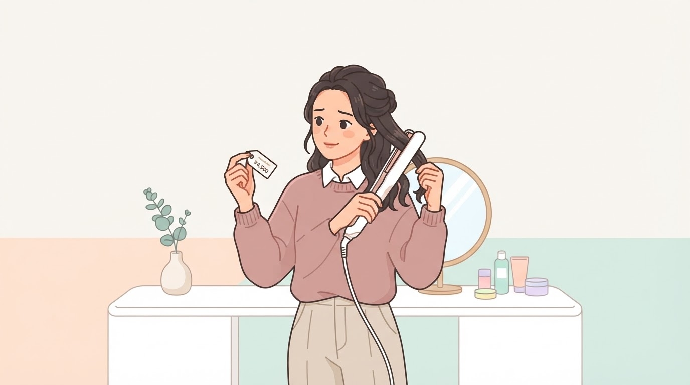 高級ヘアアイロンの購入を悩む女性