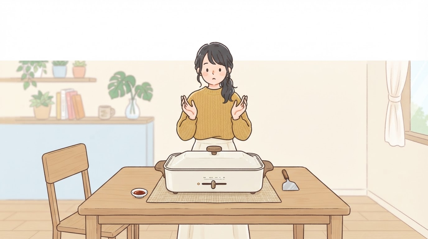 ホットプレートの購入を悩む女性
