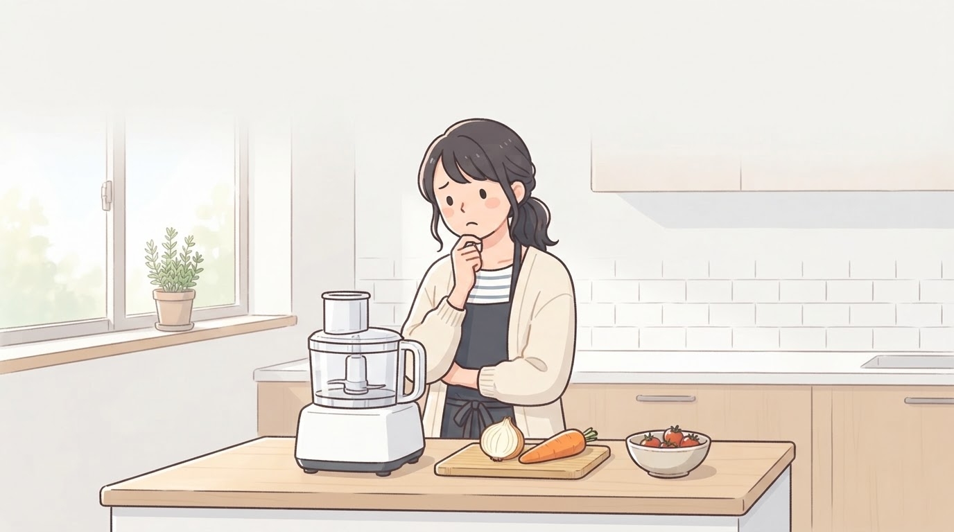 フードプロセッサーの購入を悩む女性
