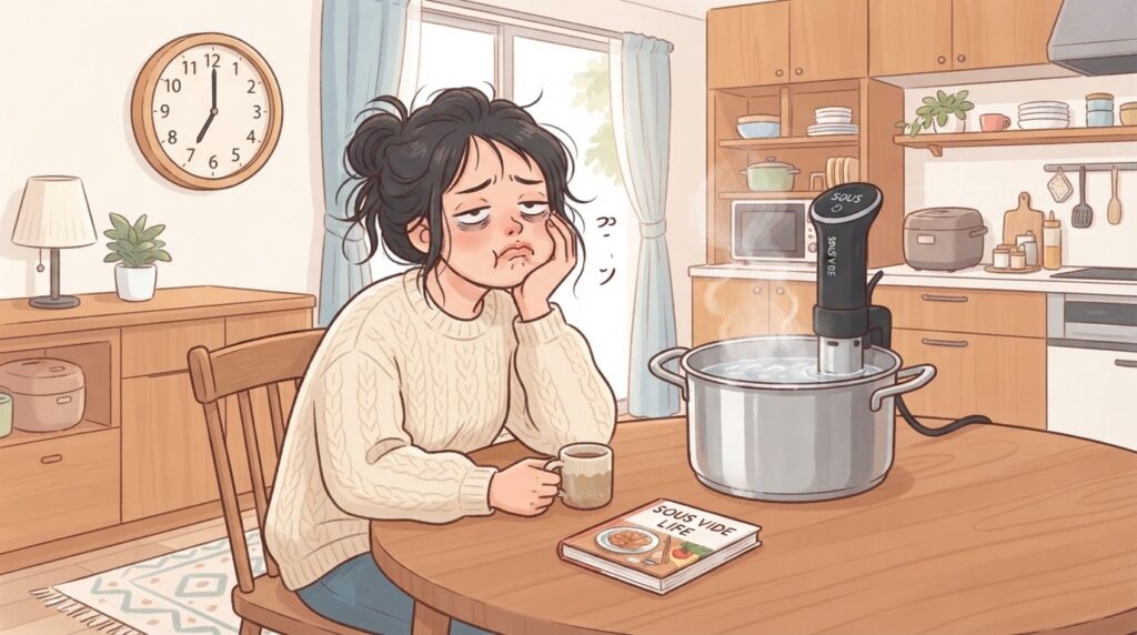 低温調理の長い時間に待ちくたびれる女性