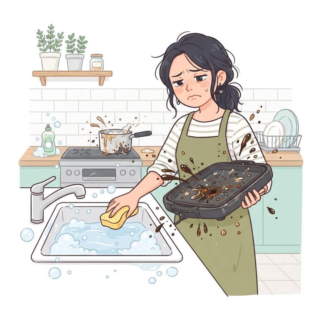 ホットプレートの片付けに困る女性