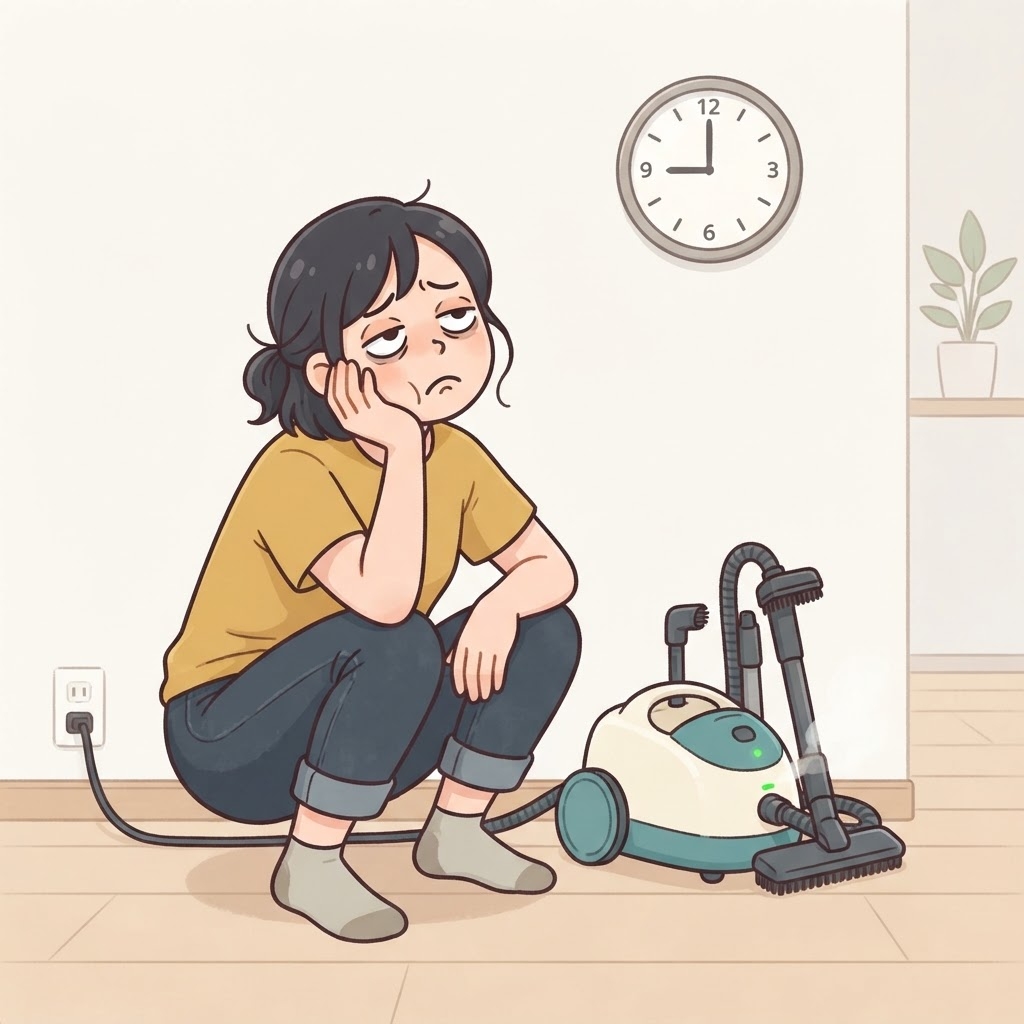 スチームクリーナーの予熱を待つ女性