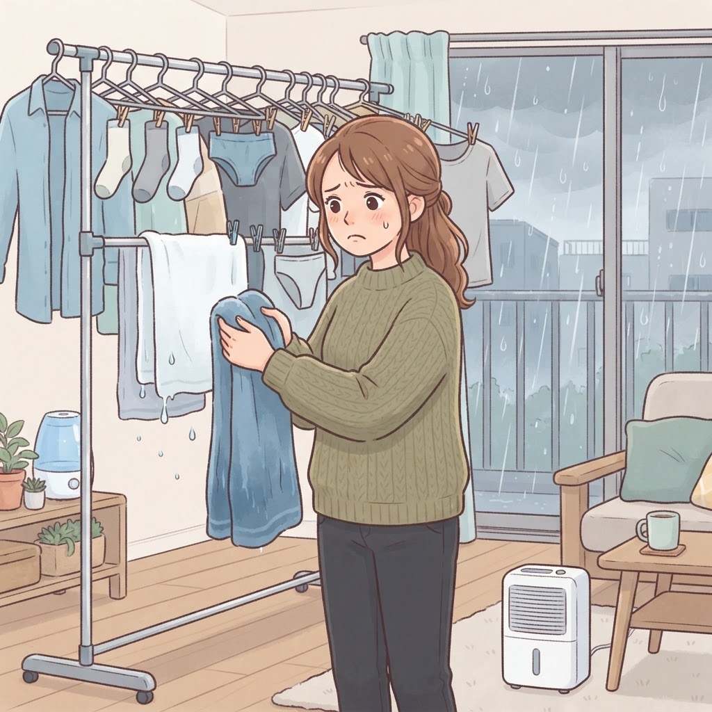 乾かない部屋干しに困る女性