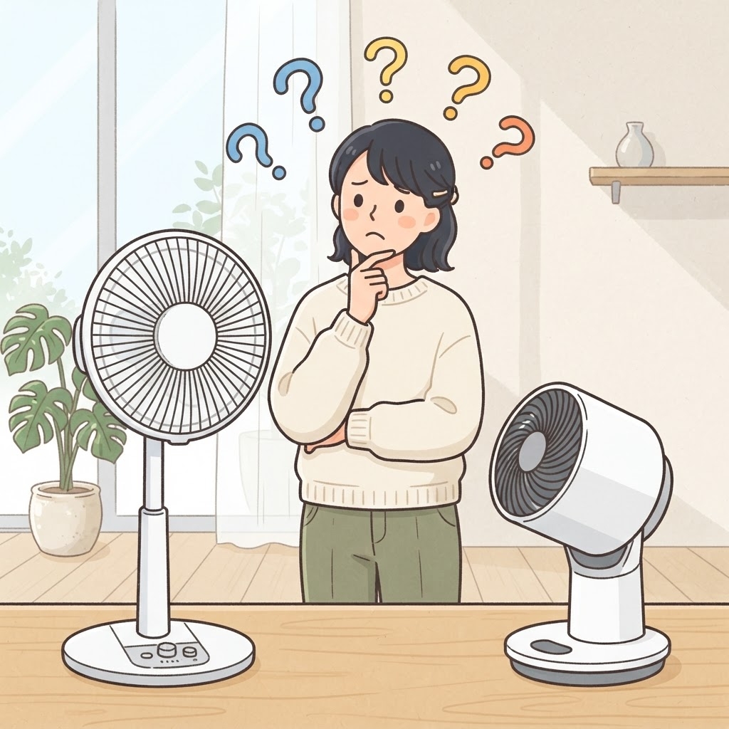扇風機とサーキュレーターの違いに悩む女性