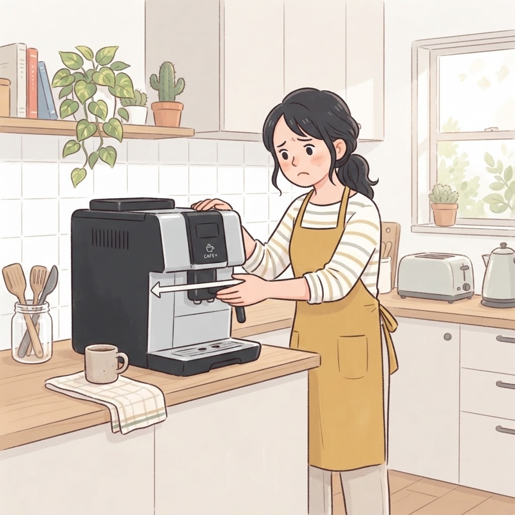 大きなコーヒーメーカーの置き場所に悩む女性