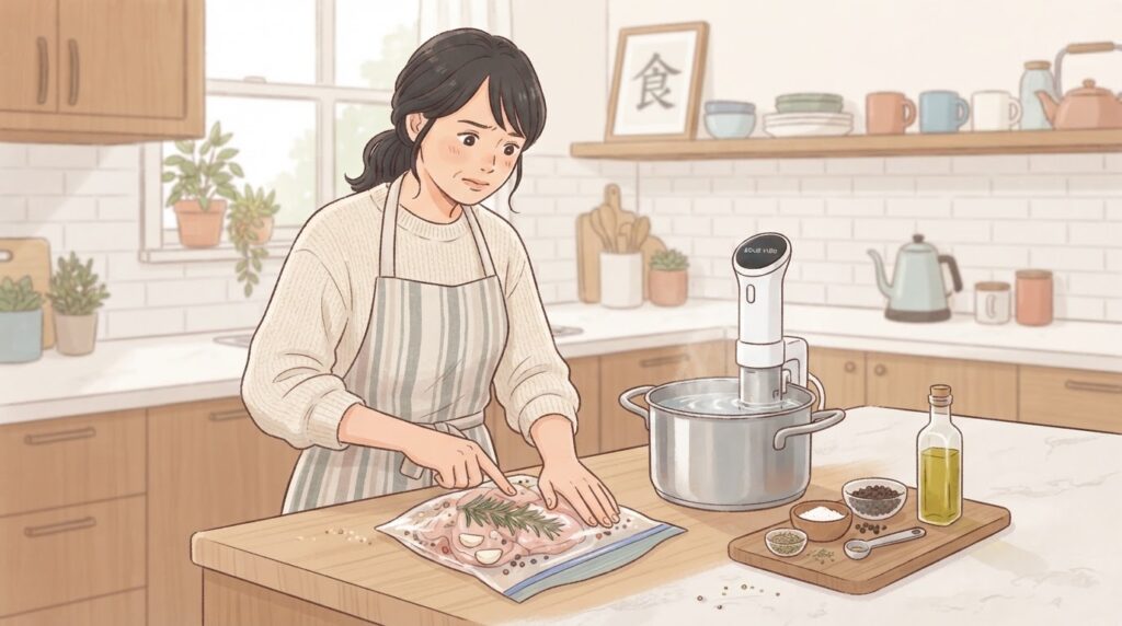 低温調理の下準備をする女性