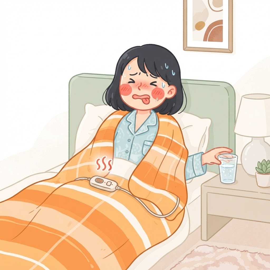 電気毛布のつけっぱなしで喉が渇く女性