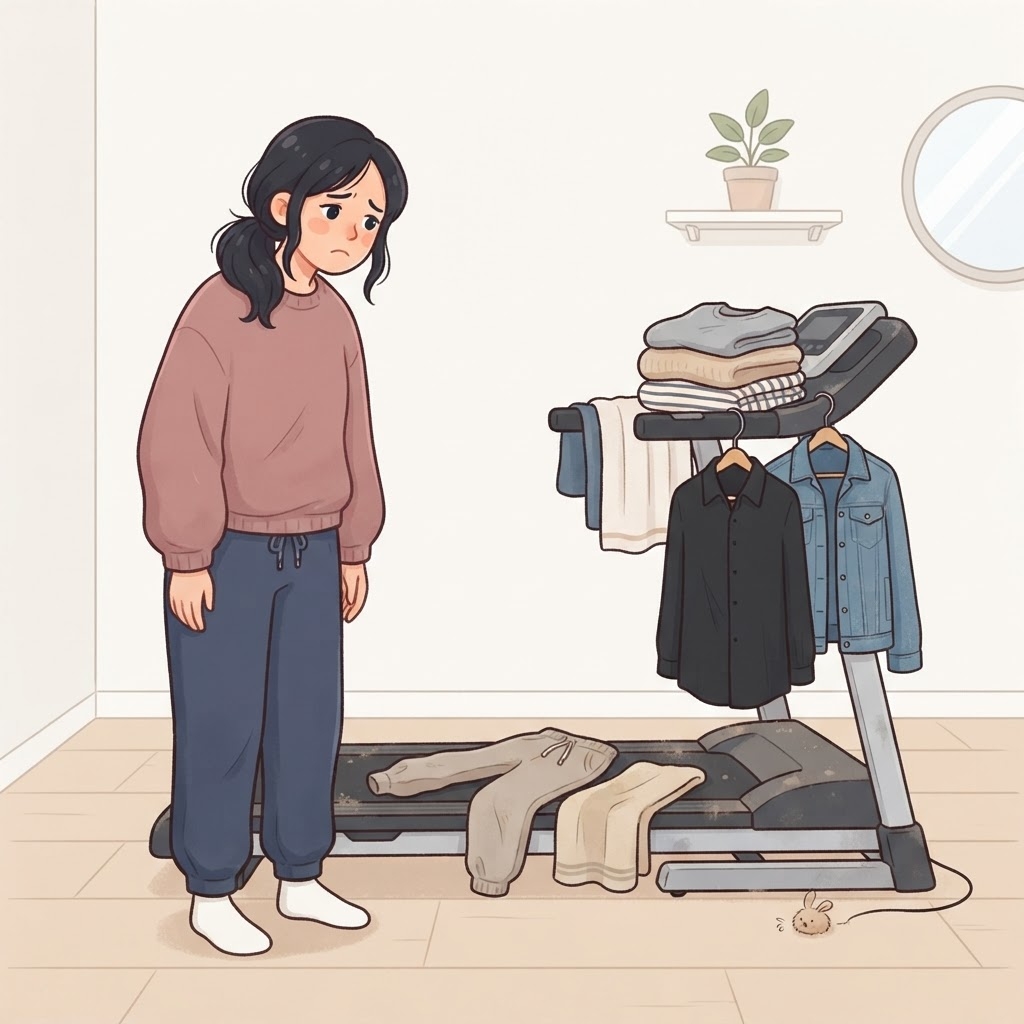 使わなくなったルームランナーを見る女性