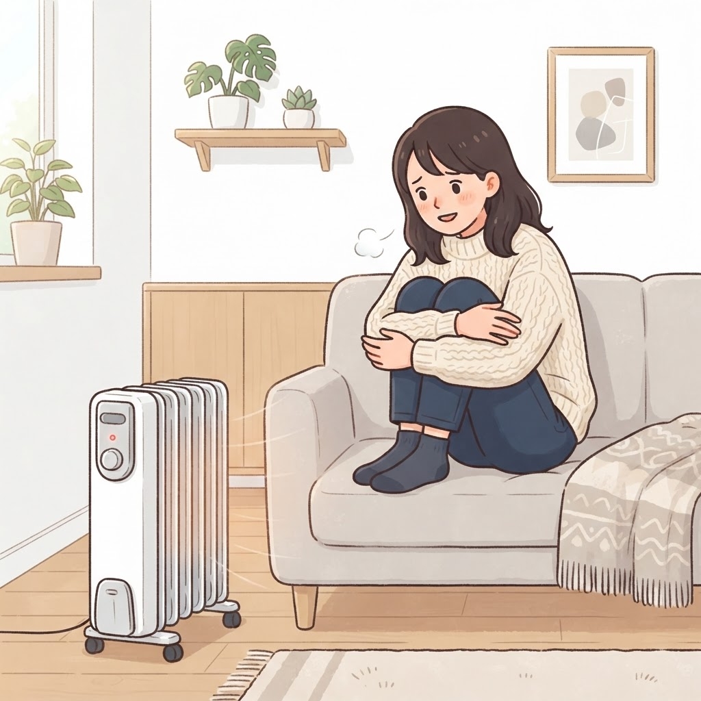 オイルヒーターが暖まるのを待つ女性
