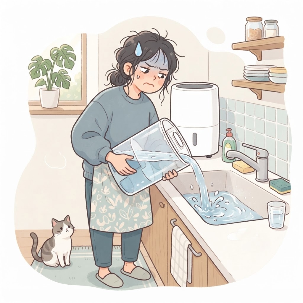 除湿機のタンクの水を捨てる女性