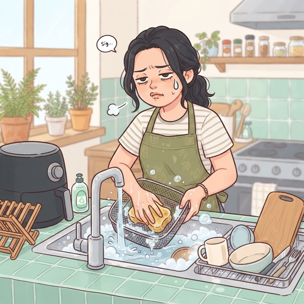 ノンフライヤーの手入れをする女性