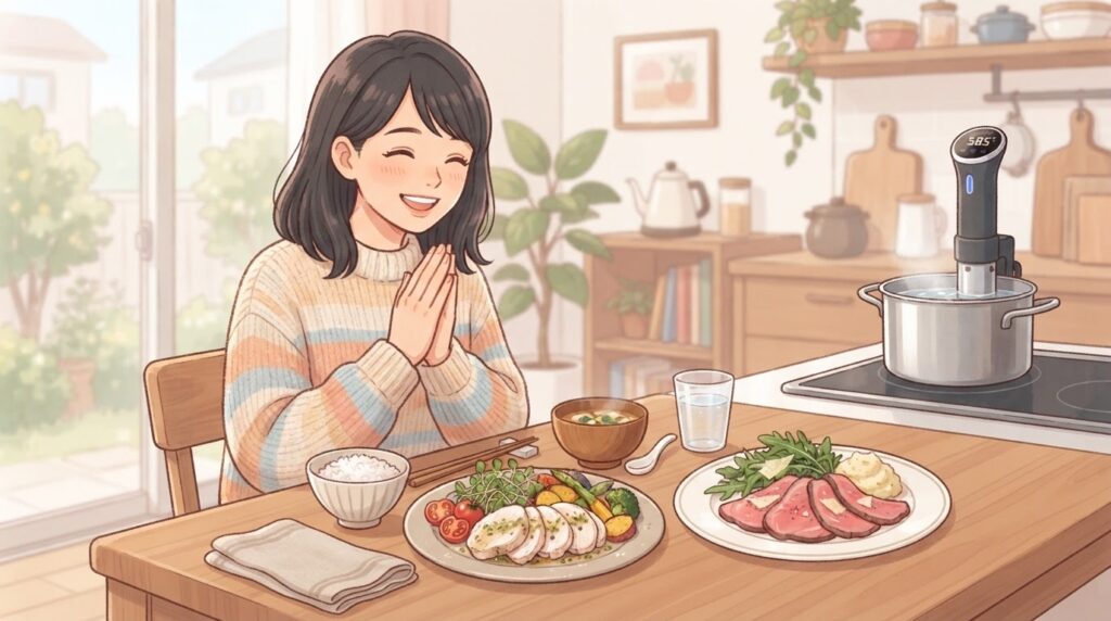 低温調理でやわらかい料理を作って喜ぶ女性