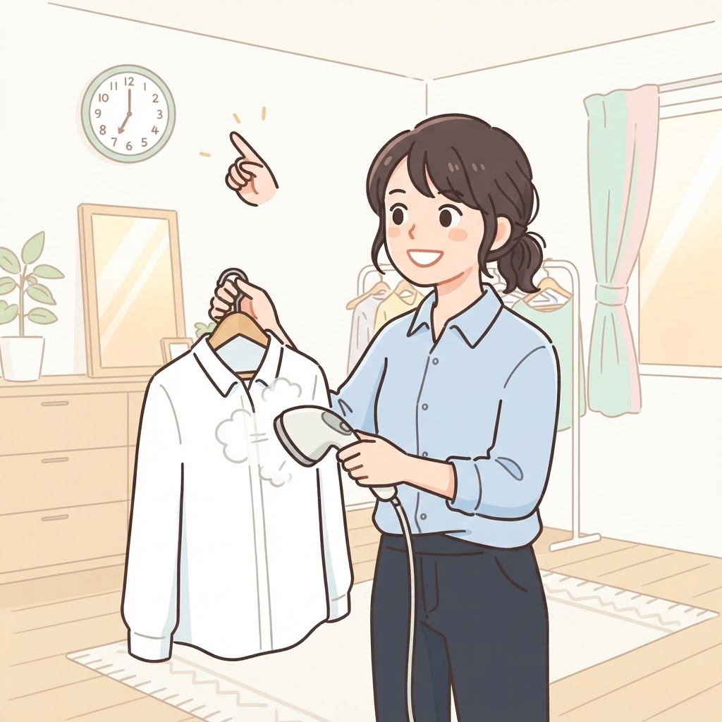 朝にサッとスチームをかける女性