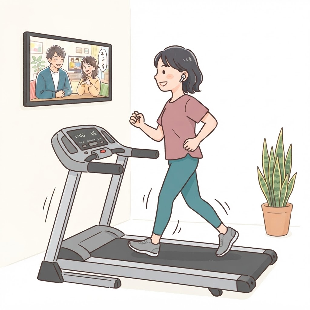 ながら運動でルームランナーを続ける女性