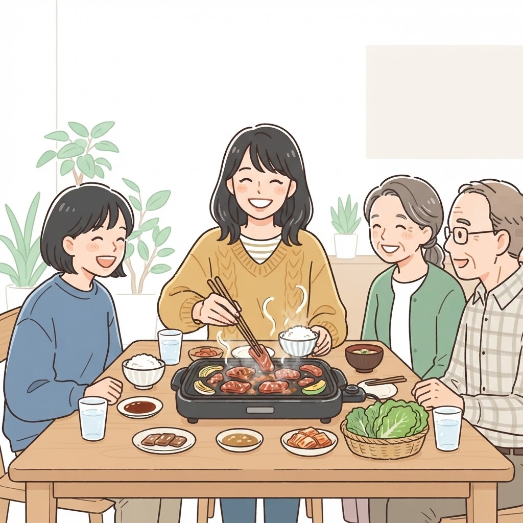 ホットプレートを囲んで楽しむ女性