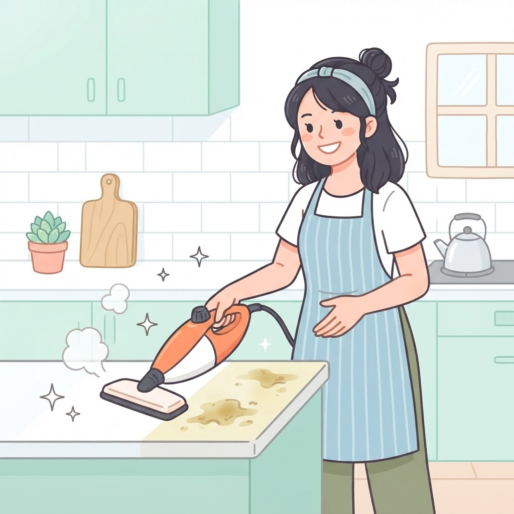 スチームで油汚れを落として喜ぶ女性