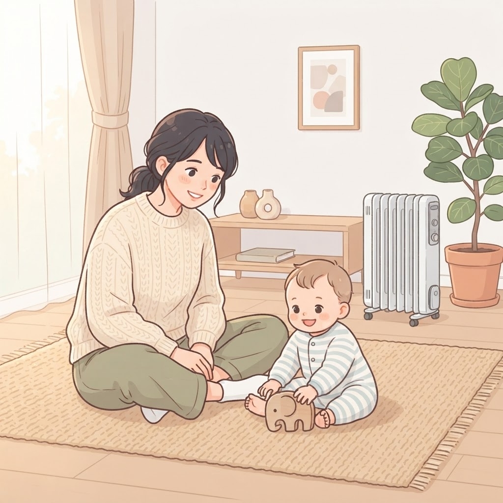 オイルヒーターの部屋で赤ちゃんと過ごす女性