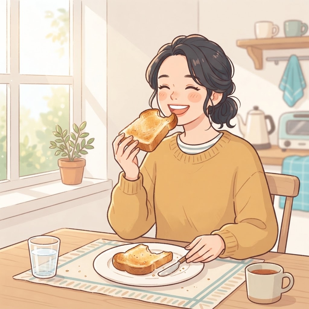 おいしそうなトーストを食べる笑顔の女性