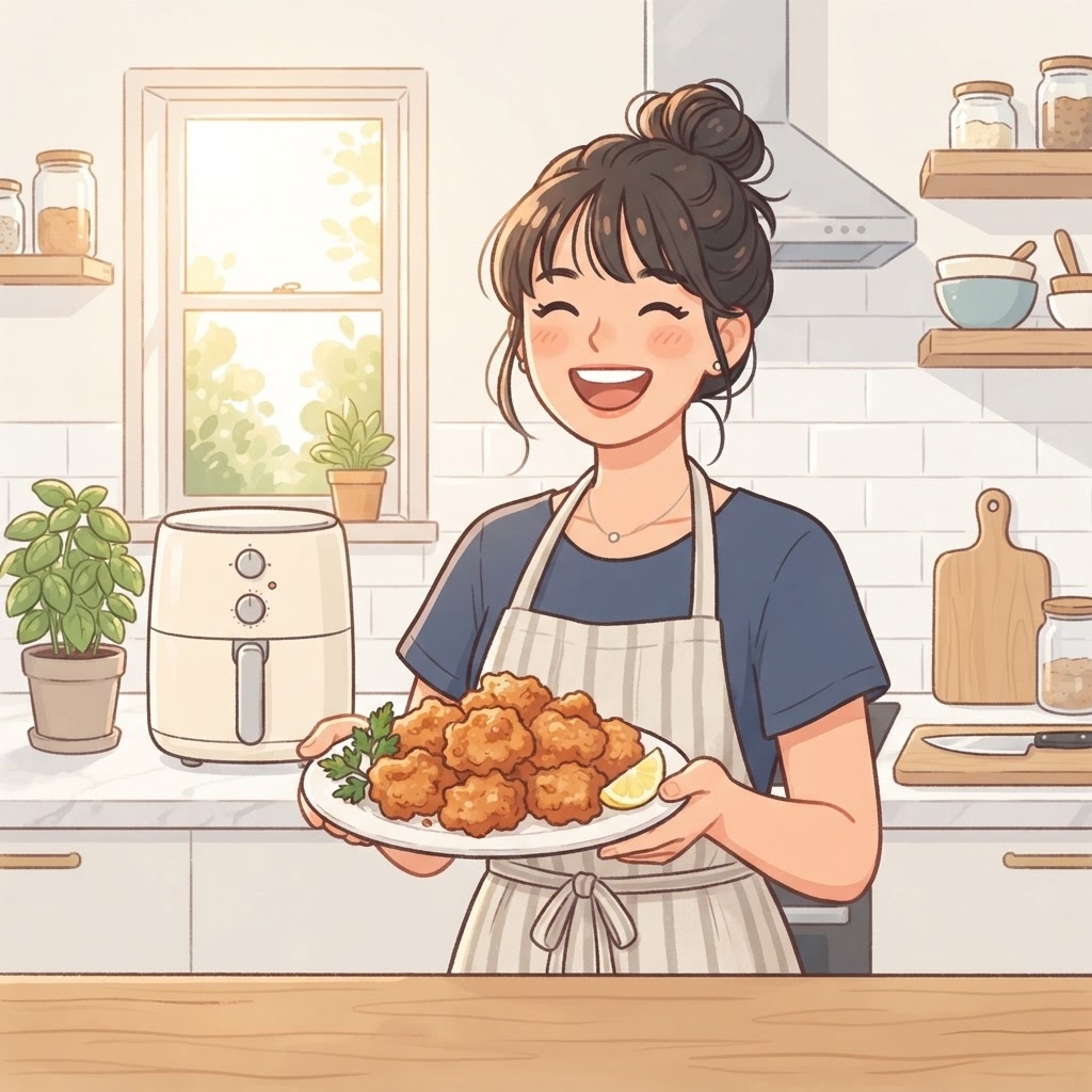 ノンフライヤーで作った唐揚げを楽しむ女性