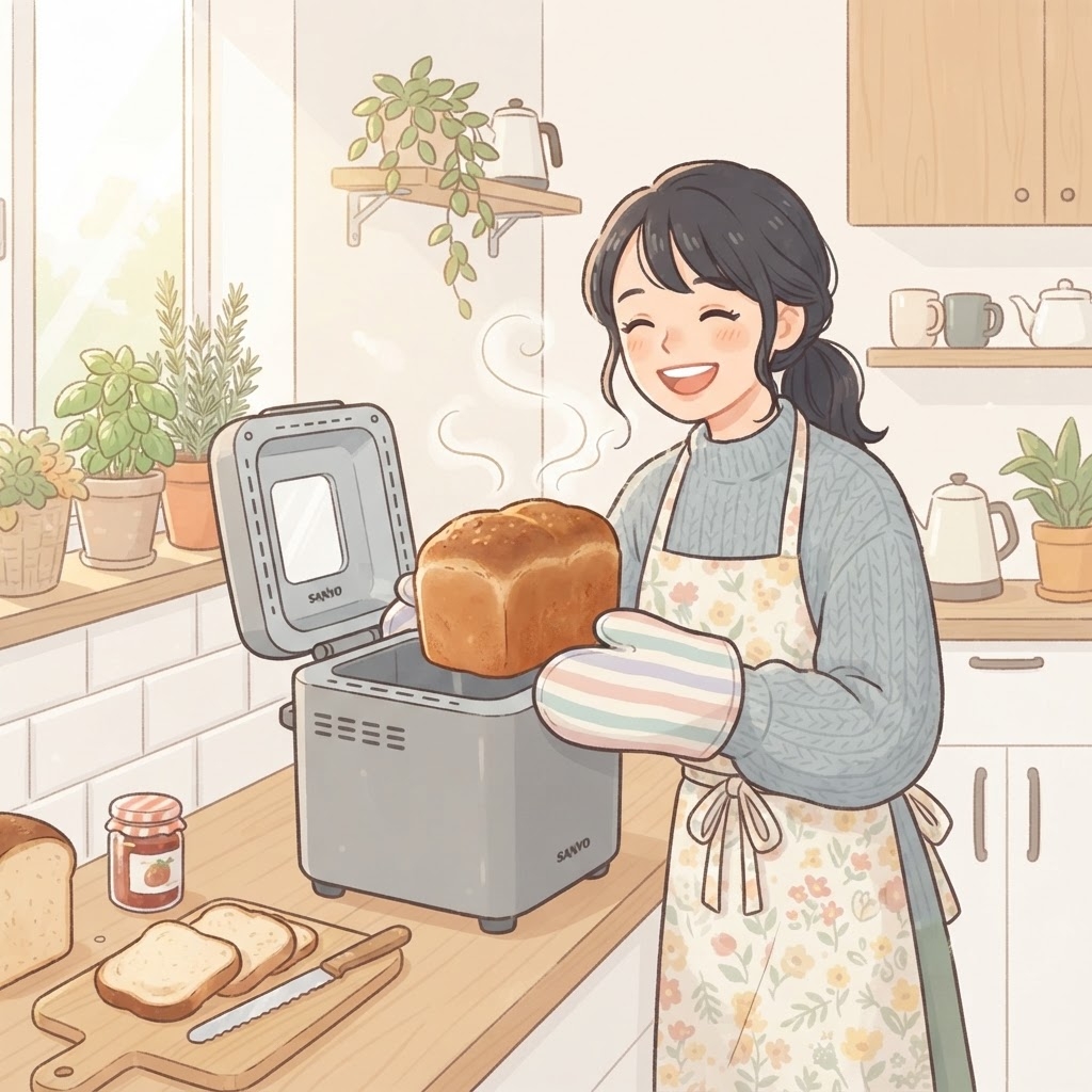 焼きたてパンの香りを楽しむ女性