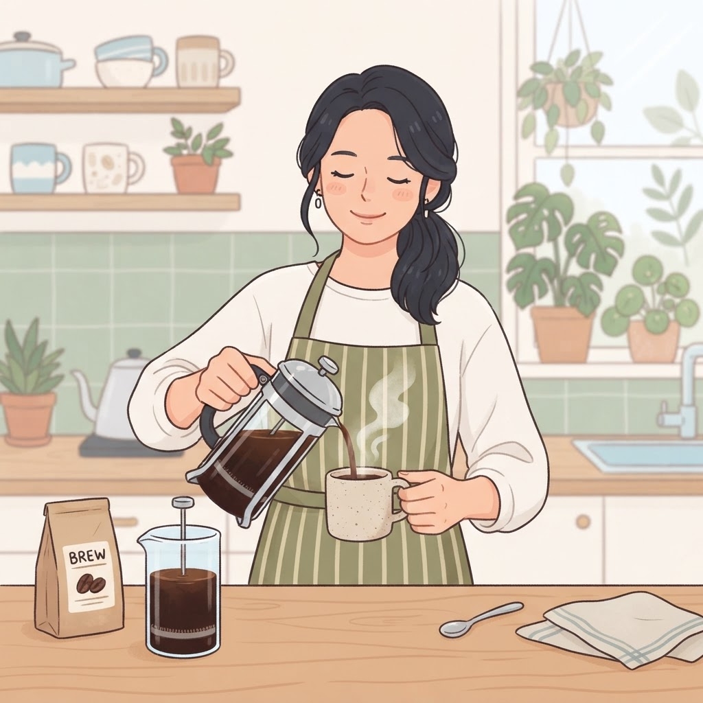 淹れたてコーヒーの香りを楽しむ女性