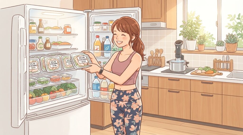 作り置きのサラダチキンを準備する女性