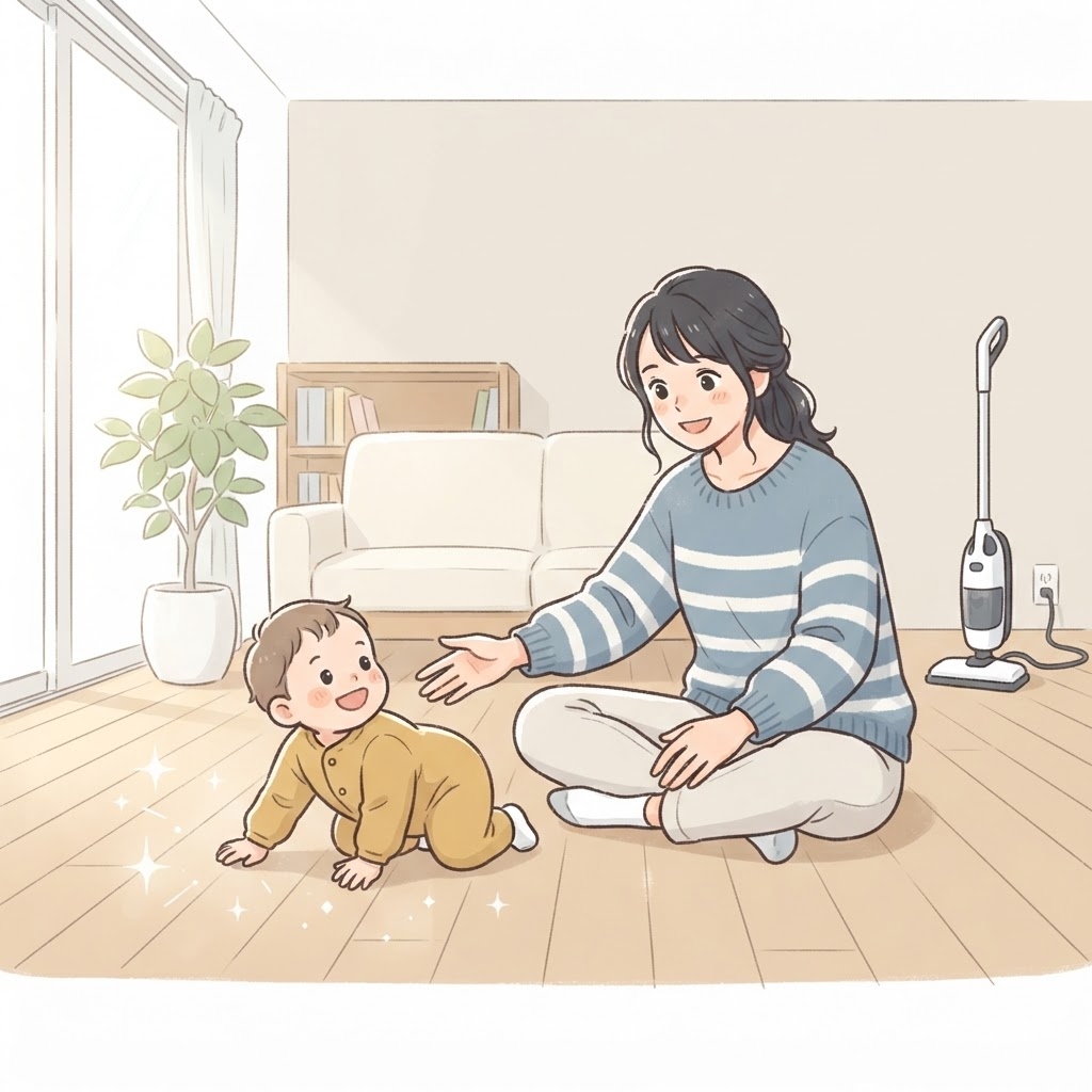 清潔な床で赤ちゃんを見守る女性
