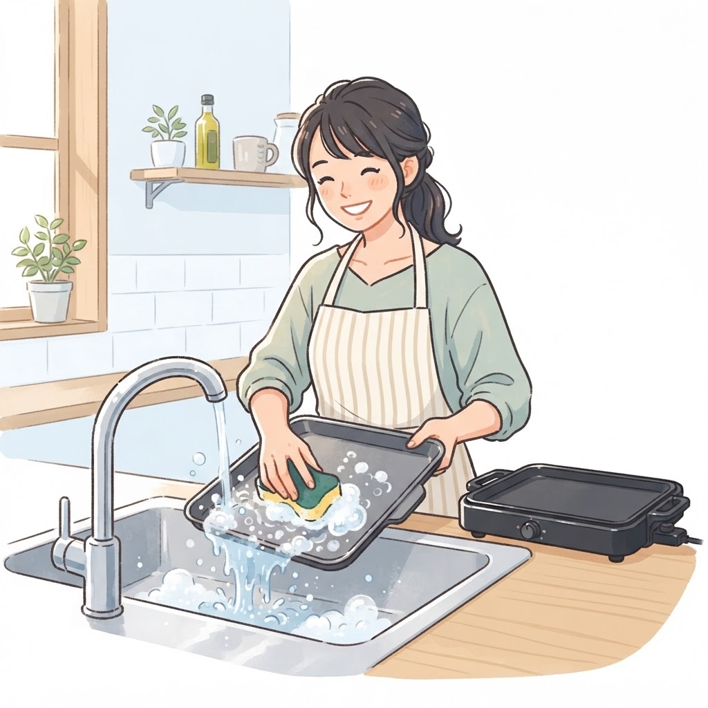 ホットプレートのプレートを洗う女性
