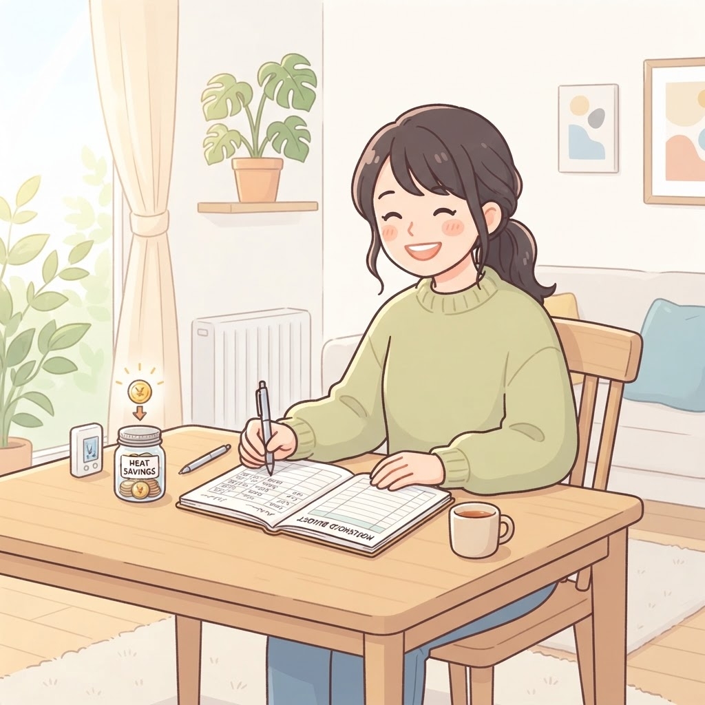 暖房費を節約して喜ぶ女性