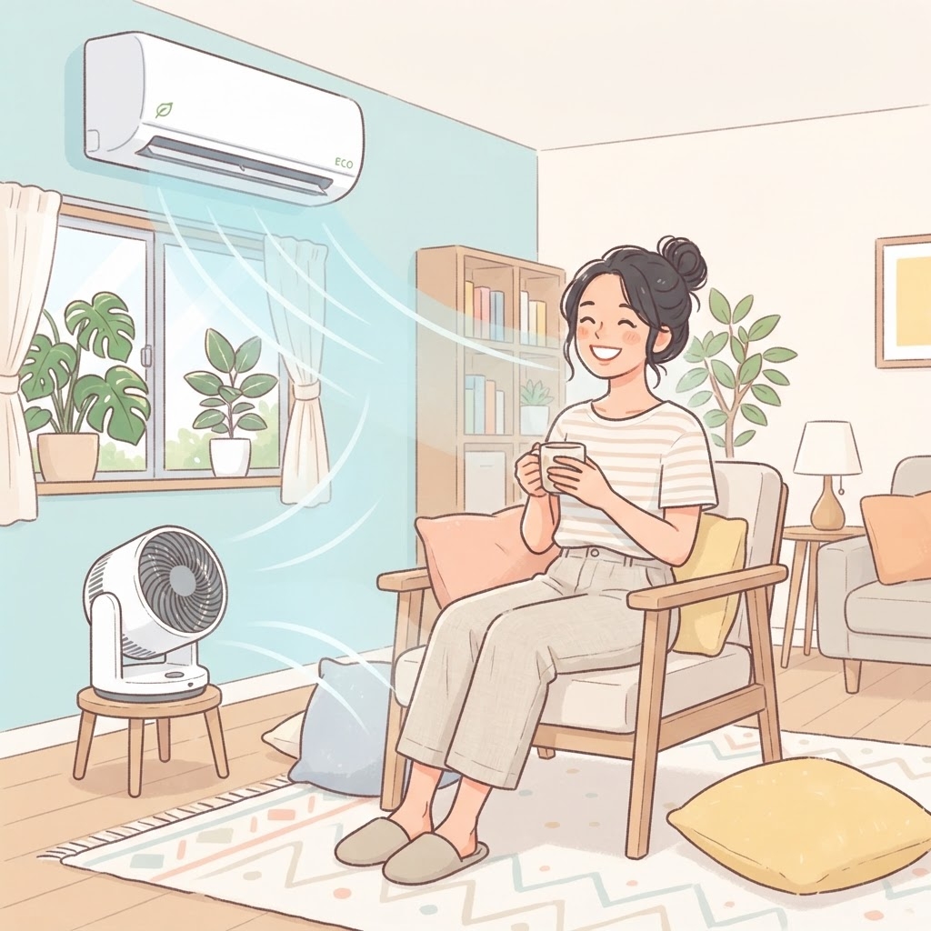 エアコンとの併用で快適に過ごす女性
