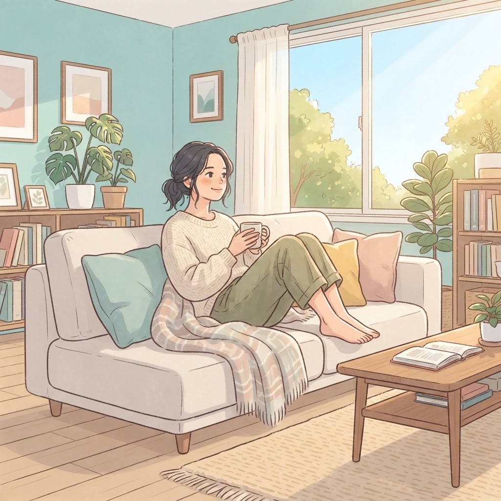 湿気のない快適な部屋でくつろぐ女性
