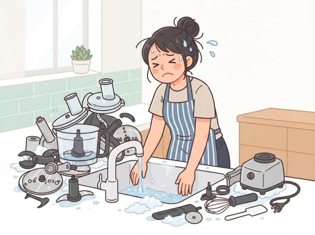 フードプロセッサーの部品洗いにうんざりする女性