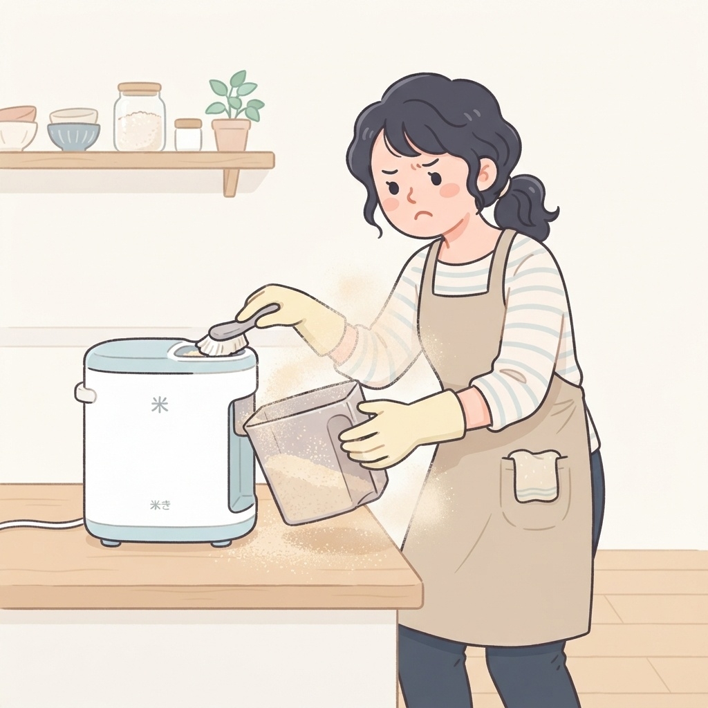 精米機のぬか掃除をする女性